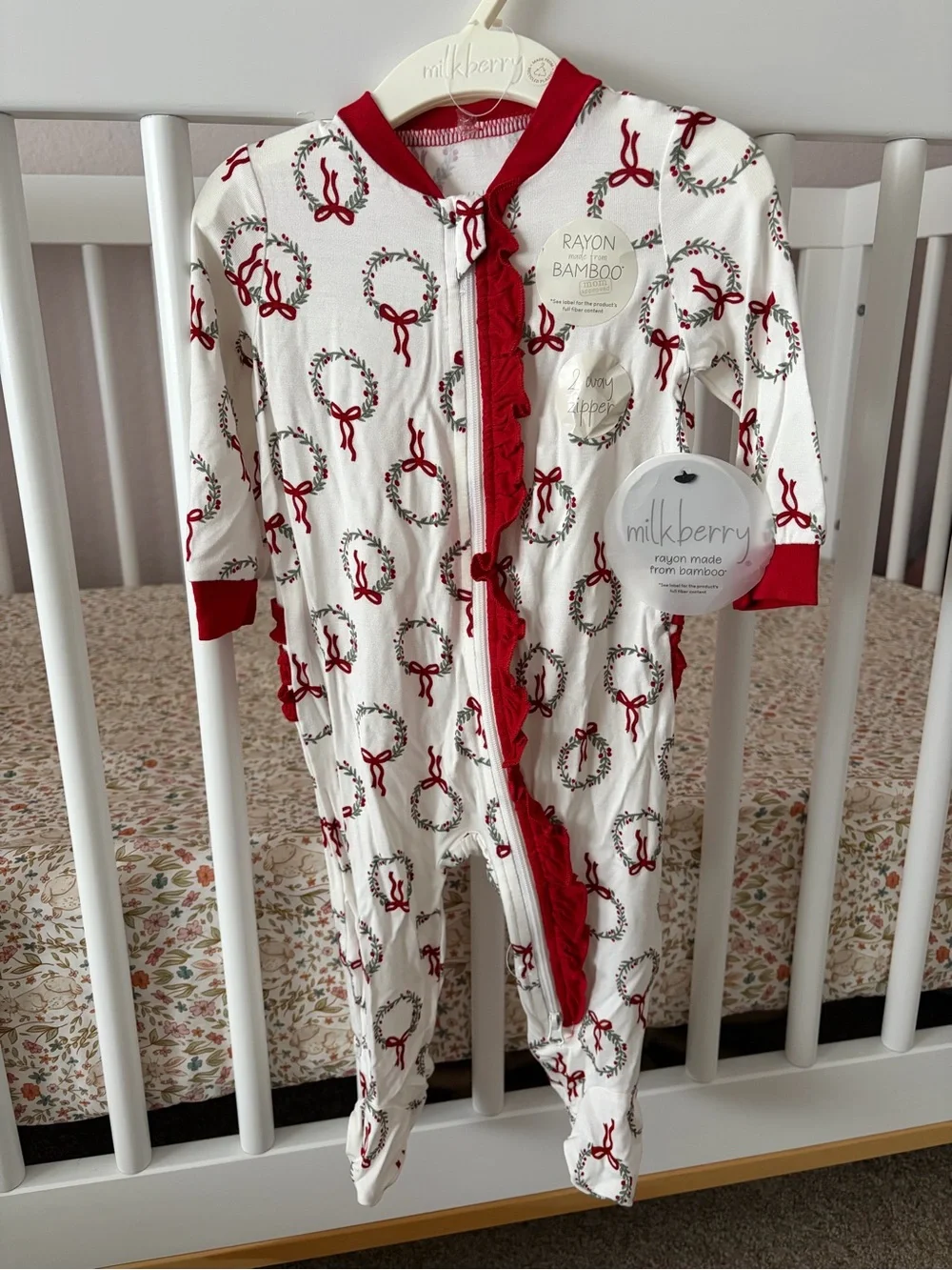Milkberry White and Red Wreath Bow Christmas Holiday Print Footie Baby Girl